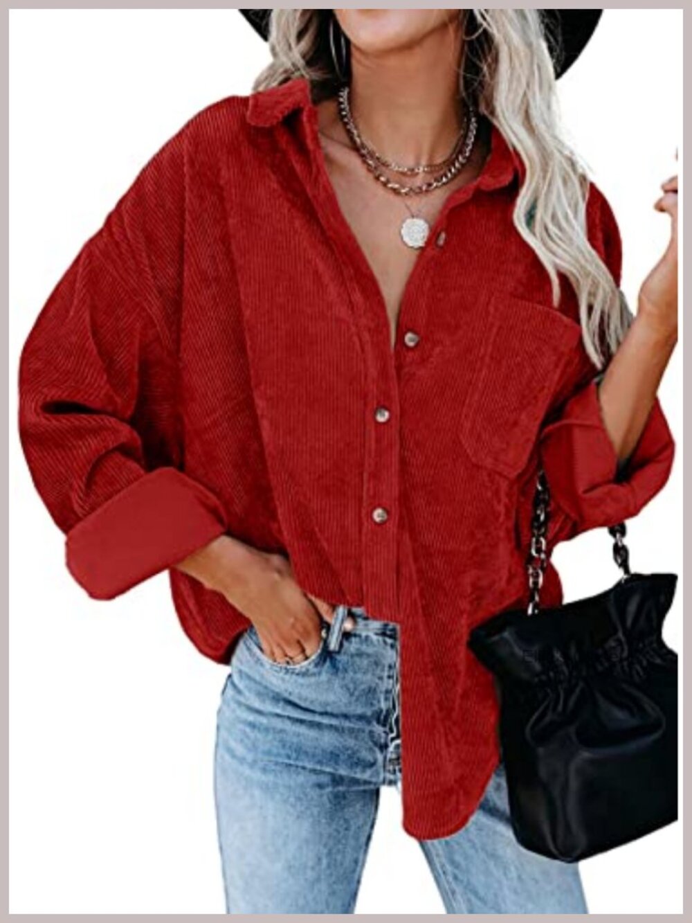 Women's Corduroy Button Down Shirt Boyfriend Oversized Long Sleeve Blouse